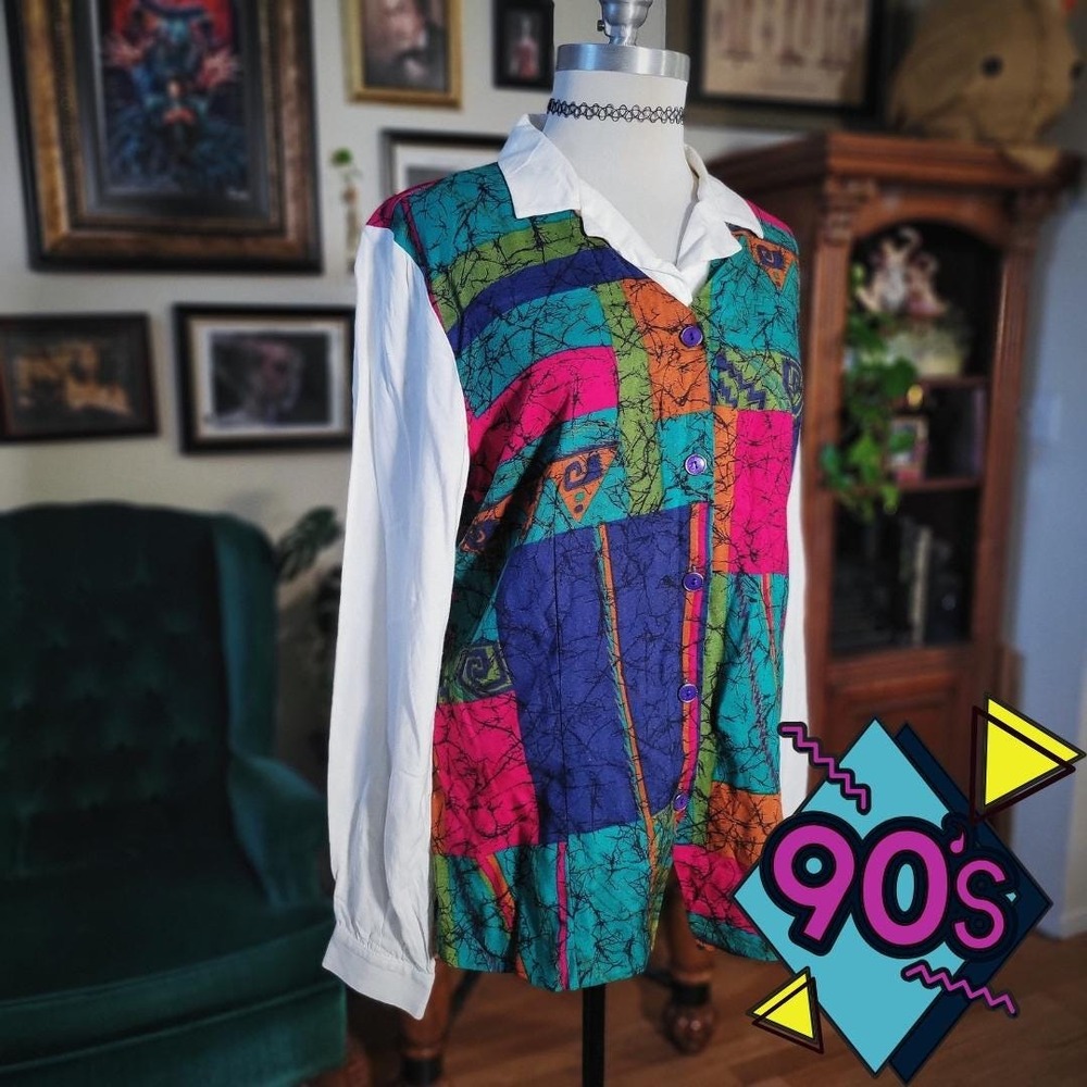 Via Sant Andrea Patchwork Blouse Vintage 90s White Long Sleeve Button Shirt‎ Top